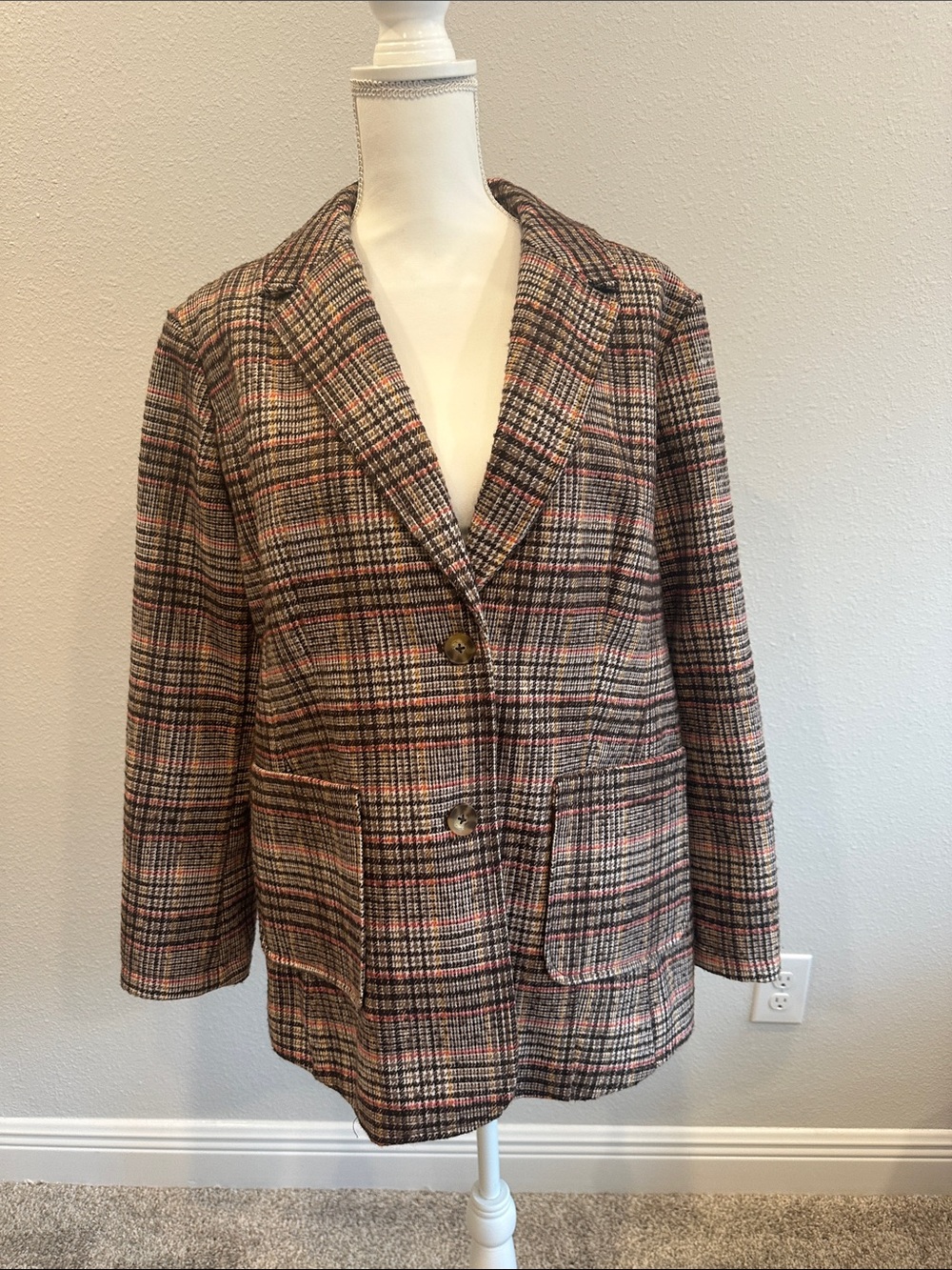 St. John's Bay Multicolor Plaid Wool-Blend Single-Breasted Blazer